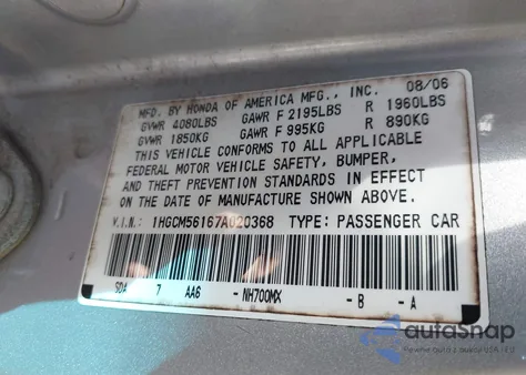 2007 Honda Accord from USA, damaged, VIN AHGCM56167A020368